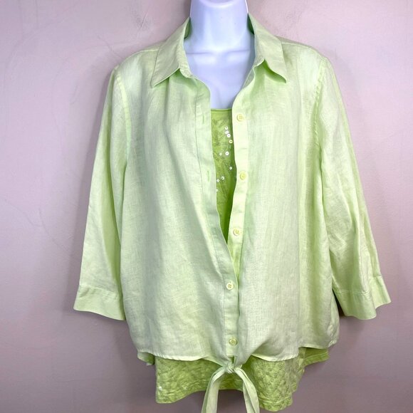 Chico's Women LINEN Tank Tunic Top Size 2 L Green Sequin 2 PC SET Beach Vacation - Picture 1 of 16